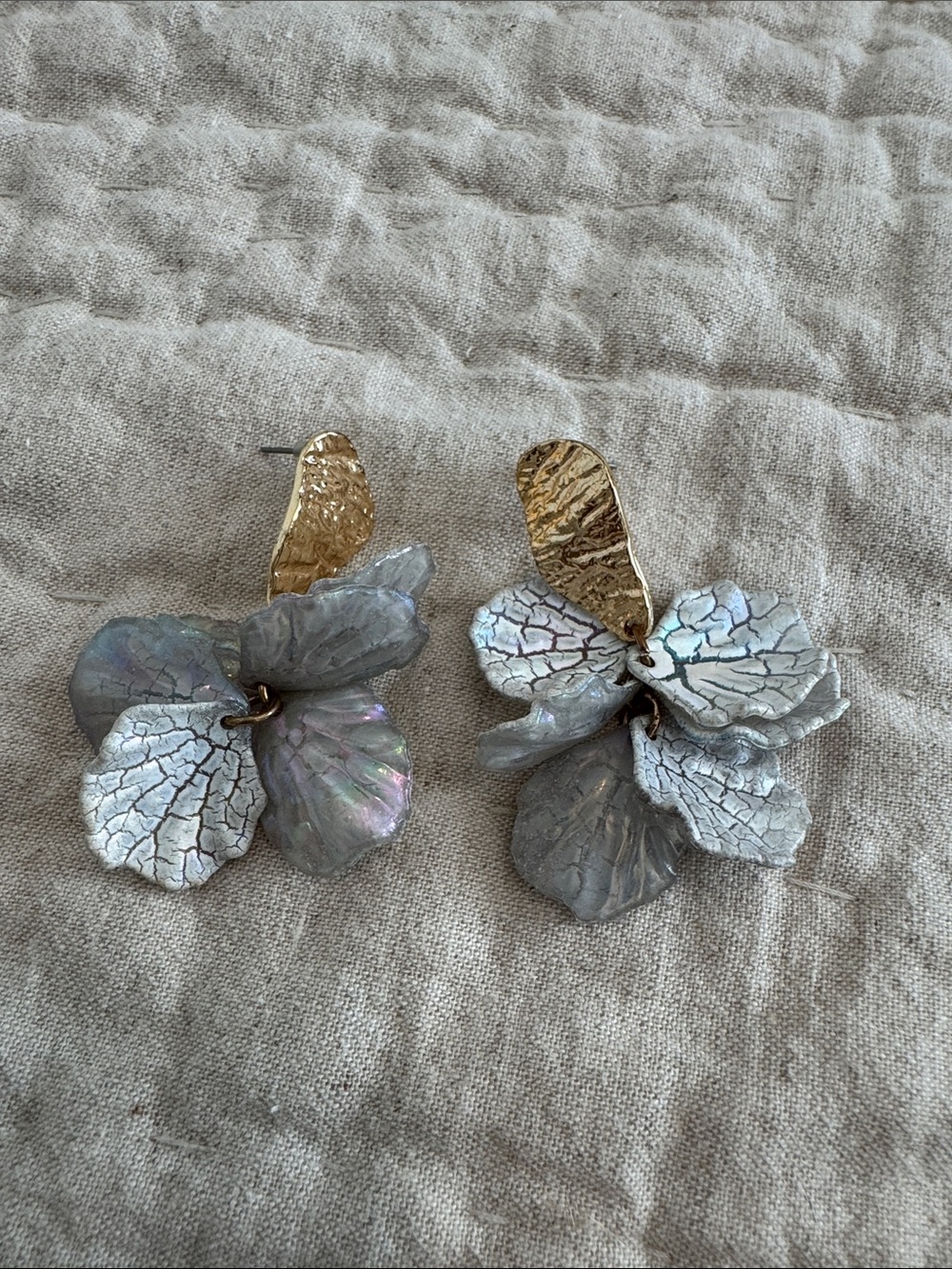 Floral Statement Drop Earrings in Iridescent Silver Gray with Gold Accent
